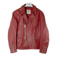 666 トリプルシックス LJM-8 ステアハイド タータン裏地 カーキベージュファスナーテープ フロントフラップ ライダースジャケット ディープレッド size44 瑞穂店