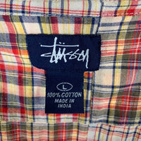 90's STUSSY ステューシー コットン パッチワークチェックシャツ 長袖 ドラゴン刺繡 マルチ インド製 紺タグ Size L 福生店