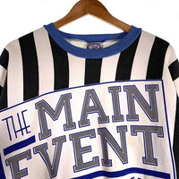90's THE MAIN EVENT SPORTS BAR & GRILL Pontiac Silverdome シルバードーム スタジアム プリント クルーネックスウェットトレーナー ストライプ ホワイト ブルー USA製 Size M 福生店