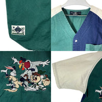 Looney Tunes ルーニー・テューンズ 90s ワーナーブラザーズ キャラ集合 ベースボールシャツ 刺繍 グリーン sizeXS 瑞穂店
