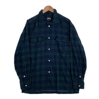 80's STUSSY ステューシー コットン オープンカラーフランネルチェックシャツ ブラックウォッチ 長袖 ネイビー グリーン USA製 黒タグ Size M 福生店
