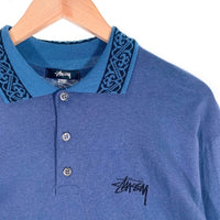 80's STUSSY ステューシー コットン ロングスリーブポロシャツ ネイビー 襟ジャカード USA製 黒タグ Size M 福生店