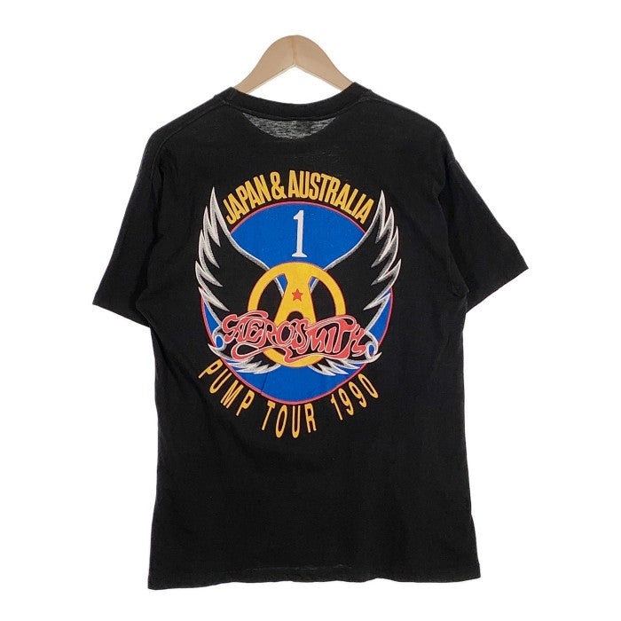 90's AEROSMITH エアロスミス PUMP TOUR 1990 プリントTシャツ ブラック PUSHEAD パスヘッド 袖裾シングル  Size L 福生店