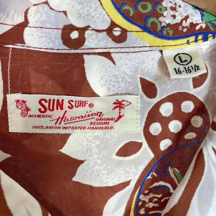 SUN SURF サンサーフ ウクレレ フラワー 半袖 レーヨン アロハシャツ ハワイアンシャツ ブラウン sizeL 瑞穂店