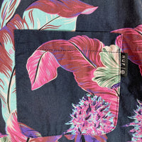 HUF ハフ オープンカラーシャツ 刺繍ビッグロゴ 花柄 ブラック sizeL 瑞穂店