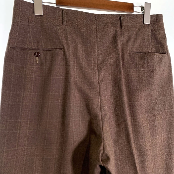 40-60's ウールチェック 2タックスラックス トラウザー ブラウン ワイド アルミCOMMAR 猫目ボタン Size 86cm 福生店