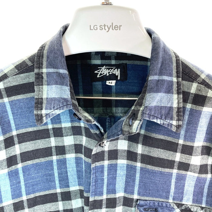 80's STUSSY ステューシー コットン チェックシャツ 長袖 USA製 ブルー size M 瑞穂店