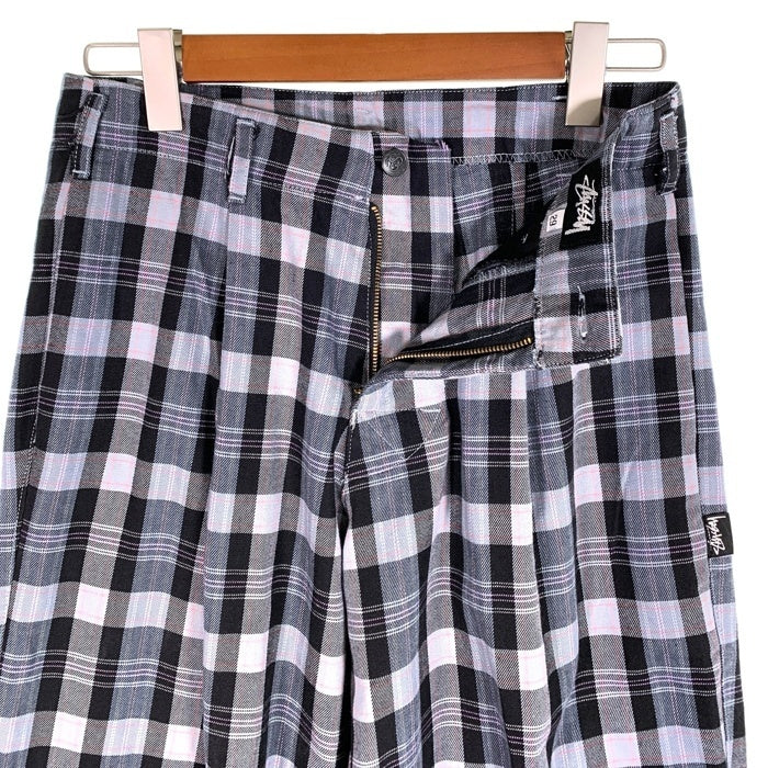 80's STUSSY ステューシー コットン チェック柄 1タック ロングパンツ グレー ブラック USA製 黒タグ Size 29 福生店
