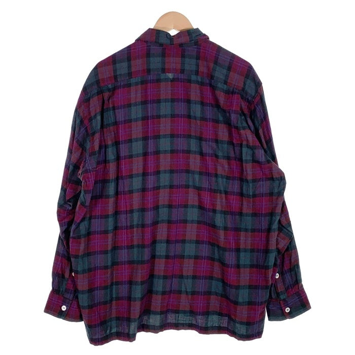 80's STUSSY ステューシー コットン オープンカラーフランネルチェックシャツ 長袖 パープル グリーン USA製 黒タグ Size M 福生店
