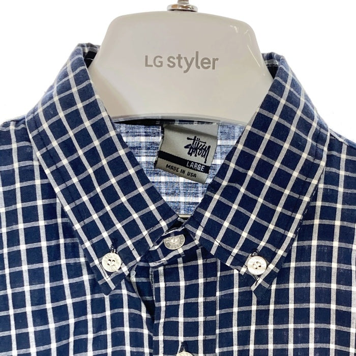 STUSSY ステューシー  銀タグ USA製 ボタンダウン 半袖 チェックシャツ ブルー sizeL 瑞穂店