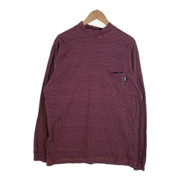 80's STUSSY ステューシー モックネック ボーダーポケットロングスリーブTシャツ ブラウン ネイビー USA製 黒タグ Size L 福生店