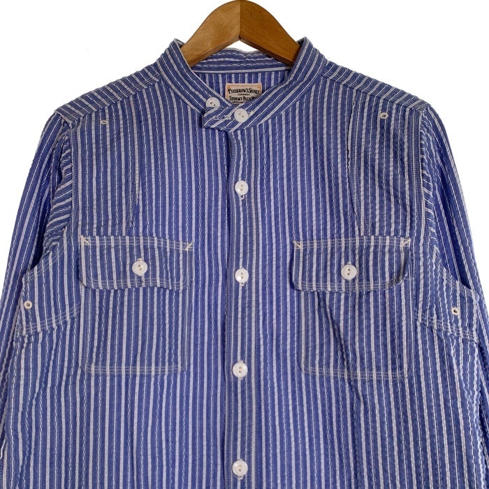 Pherrow's フェローズ シアサッカー ラウンドヨーク ストライプワークシャツ バンドカラー ブルー Size M 福生店