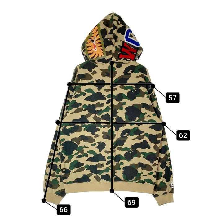 A BATHING APE アベイシングエイプ 初期フランケンタグ TIGER SHARK WIDE FULL ZIP DOUBLE HOODIE  タイガー カモ シャーク フルジップパーカー カーキ sizeL 瑞穂店