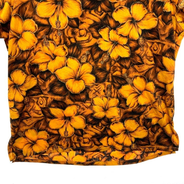 60's コットン アロハ ポロシャツ ハイビスカス柄 ゴールド Size L相当 瑞穂店