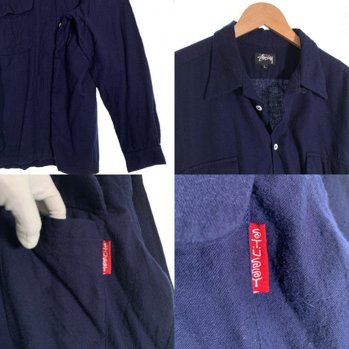 80's STUSSY ステューシー コットン オープンカラーフランネルシャツ プレーン ネイビー USA製 黒タグ Size L 福生店