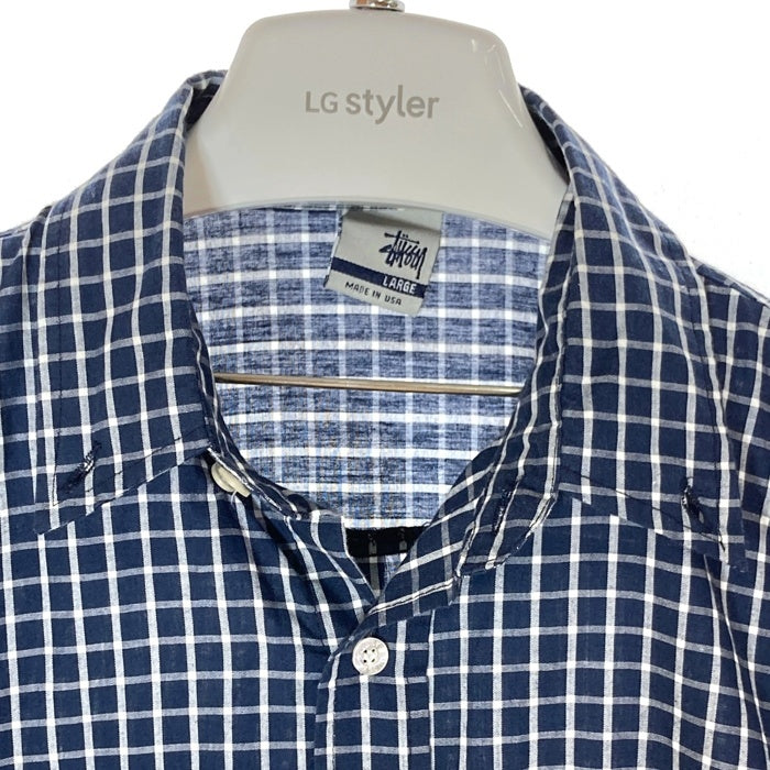 STUSSY ステューシー  銀タグ USA製 ボタンダウン 半袖 チェックシャツ ブルー sizeL 瑞穂店