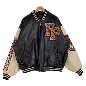 90's pellepelle ペレペレ オールレザースタジャン ジップアップ ブラック クリーム ワッペン Size XL 福生店