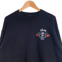 80's STUSSY ステューシー WORLD TRIBE Skull Crest スカルフラワープリント クルーネックスウェットトレーナー ブラック USA製 黒タグ Size L 福生店
