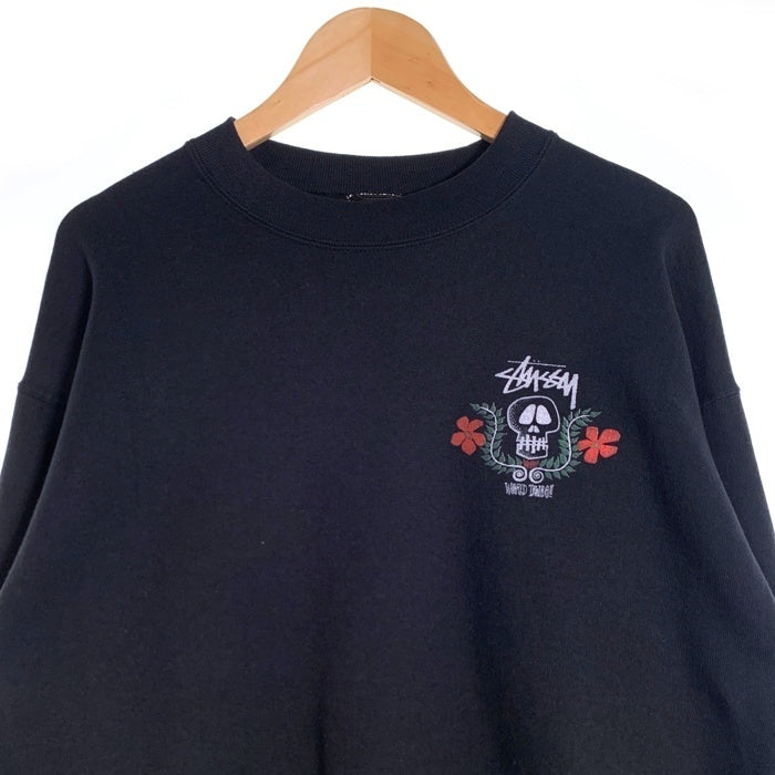 80's STUSSY ステューシー WORLD TRIBE Skull Crest スカルフラワープリント クルーネックスウェットトレーナー ブラック USA製 黒タグ Size L 福生店