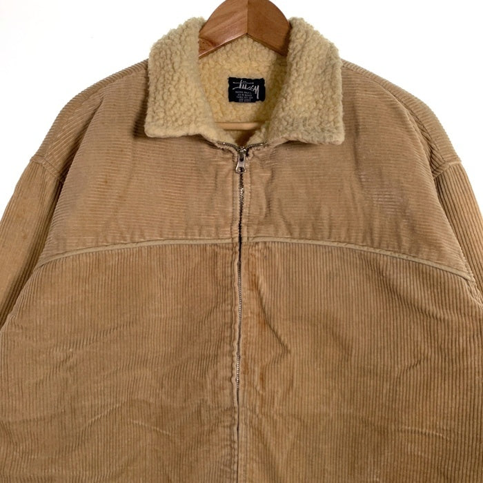 90's STUSSY ステューシー コーデュロイ ジップアップ ボアジャケット ベージュ 裾ロゴ刺繡 中国製 紺タグ Size L 福生店