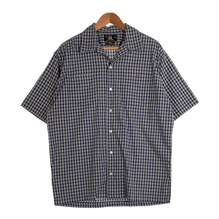 90’s RRL ダブルアールエル コットン オープンカラーチェックシャツ 半袖 ネイビー モーリシャス製 Size S 福生店