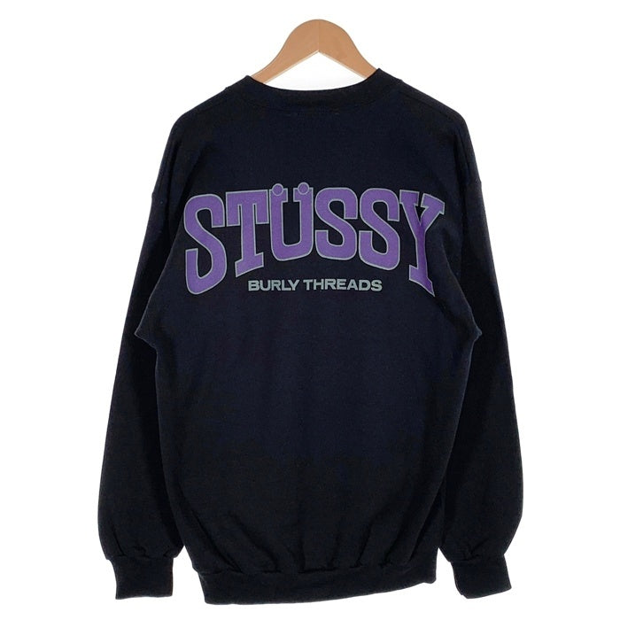 80-90's STUSSY ステューシー BURLY THREADS 両面プリント クルーネックスウェットトレーナー ブラック USA製 オールド Size L 福生店