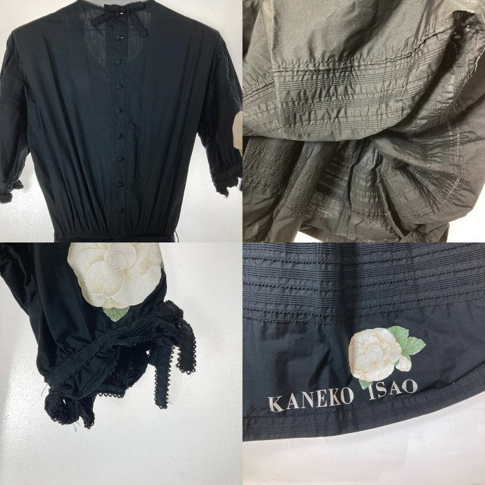 KANEKO ISAO カネコイサオ フラワーネックレスプリント 半袖ワンピース ブラック sizeF 瑞穂店