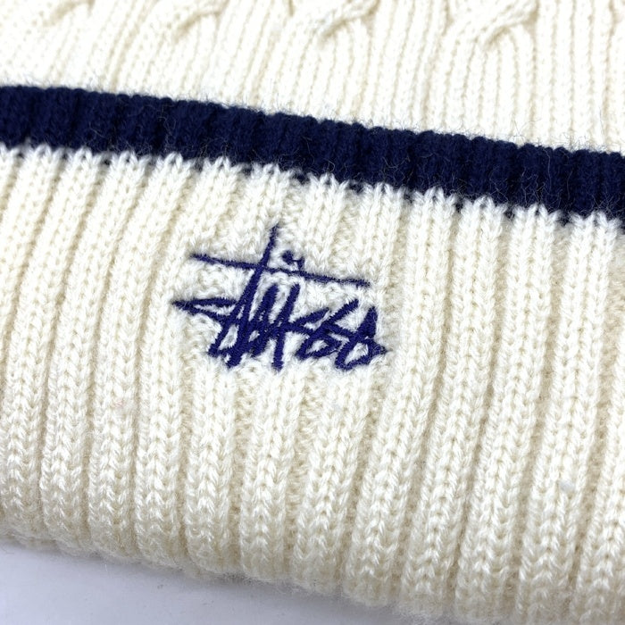 90's~ STUSSY ステューシー ケーブルニットラインビーニーキャップ クリーム ネイビー 刺繡 アクリル 紺タグ 福生店