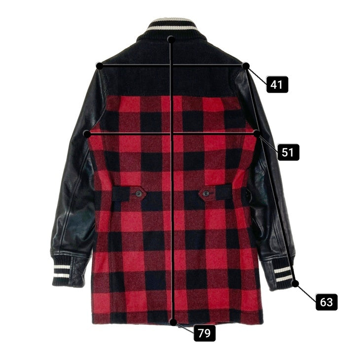 COMME des GARCONS HOMME コムデギャルソンオム HN-C014 AD2014 ショールカラー 袖レザー バッファローチェック ロング スタジャン ブラック レッド sizeXS 瑞穂店