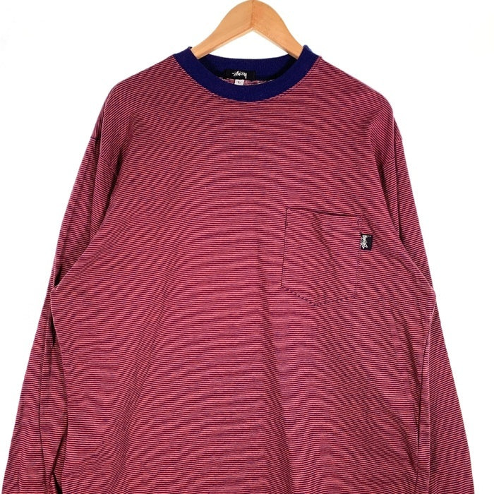80's STUSSY ステューシー ボーダー ポケット ロングスリーブTシャツ ボルドー ネイビー USA製 黒タグ Size L 福生店