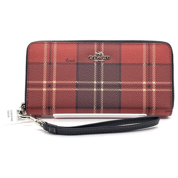 COACH コーチ CC335 PVCレザー チェック柄 ラウンドファスナーウォレット 長財布 レッド ストラップ 福生店
