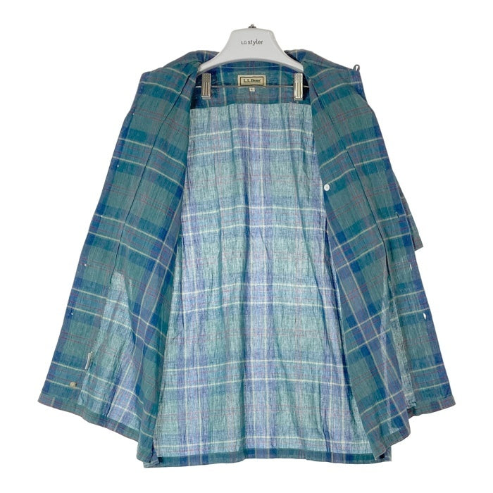 L.L.Bean エルエルビーン リネン混 オープンカラー 半袖シャツ グリーン×ブルー sizeL 瑞穂店