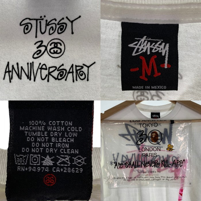 STUSSY ステューシー A BATHING APE アベイシングエイプ 30周年記念 ストックカモロゴ プリントTシャツ ホワイト ピンク Size M 福生店
