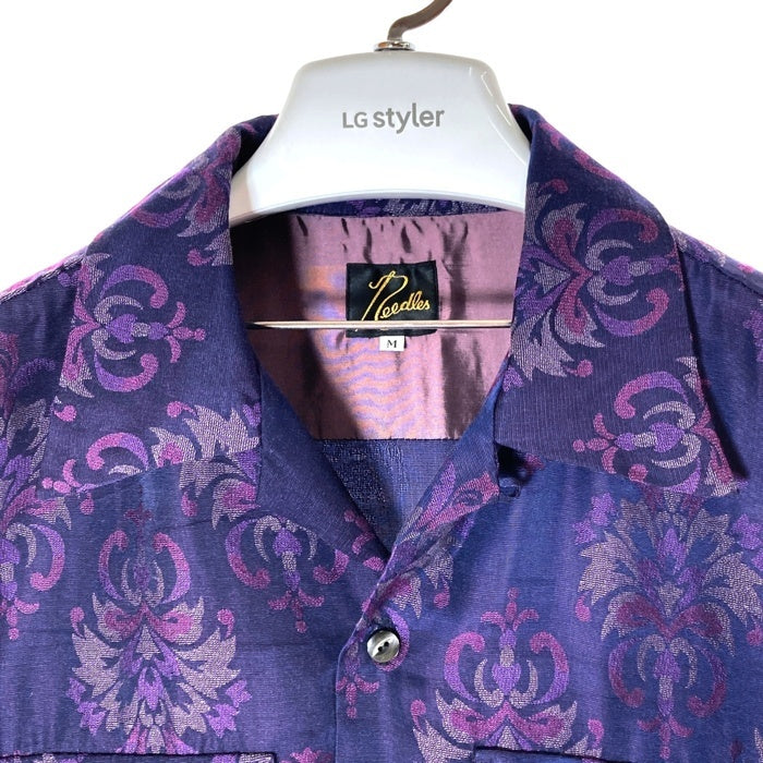 Needles ニードルズ S/S Classic Shirt-CU/R/S ORNAMENT Jq オープンカラーシャツ ジャカード 半袖 ネイビー パープル MR131 Size M 瑞穂店
