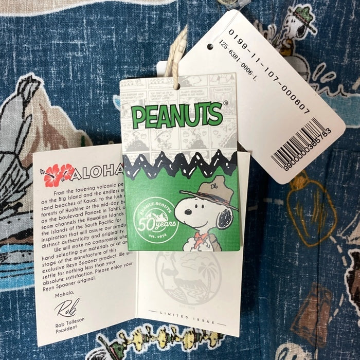 Reyn Spooner レインスプーナー PEANUTS ピーナッツ 裏地使い 片ポケット ボタンダウン コットン アロハシャツ ブルー sizeL 瑞穂店