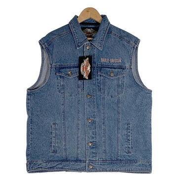 HARLEY DAVIDSON ハーレーダビッドソン BAR & SHIELD LOGO DENIM VEST デニムベスト ワッペン 刺繡 ライトブルー Size XL 福生店