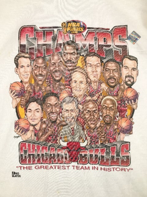 90's NBA FINAL1996 CHAMPS CHICAGO BULLS シカゴブルズ プリント Tシャツ ホワイト デッドストック PRO PLAYER Size XL 福生店