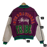 90's STUSSY ステューシー I.S.T. ワッペン 刺繡 ウール袖レザースタジャン パープル グリーン ホワイト オールド Size L 福生店