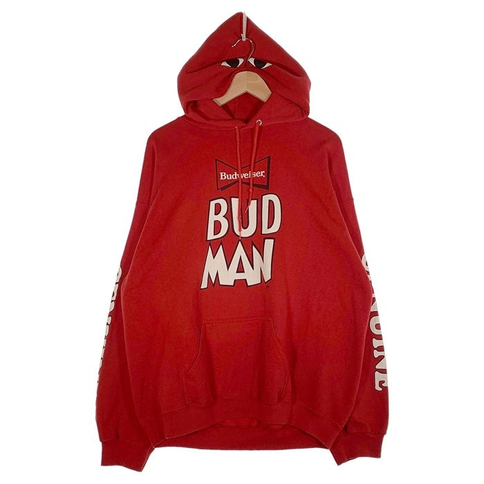 90`s Budweiser バドワイザー Budman バドマン プルオーバースウェットパーカー フーディ レッド TULTEX USA製 Size 2XL 福生店