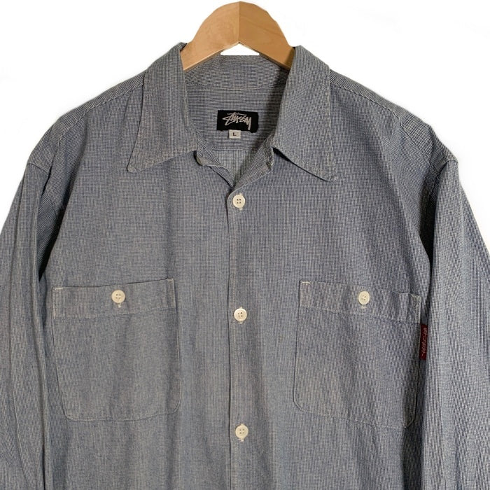 80's STUSSY ステューシー コットンシャツ 長袖 ライトブルー USA製 黒タグ オールド Size L 福生店