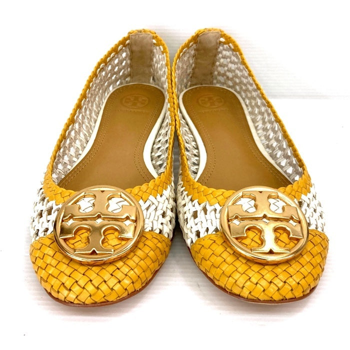 TORY BURCH トリーバーチ レザー編み込み フラットシューズ イエロー ホワイト Size US7 (24cm) 瑞穂店