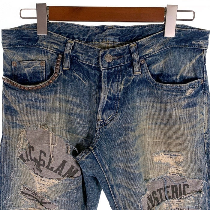HYSTERIC GLAMOUR ヒステリックグラマー USED加工 スタッズ スキニー デニムパンツ ライトブルー 0204AP06 Size 32 福生店