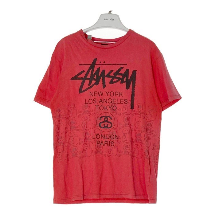 STUSSY ステューシー ロゴスカル ワールドツアー プリント Tシャツ レッド sizeL 瑞穂店