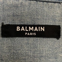 BALMAIN PARIS バルマン バンドカラー デニムシャツ バックプリント ブルー スナップボタン ウォッシュ ダメージ加工 Size 39 福生店