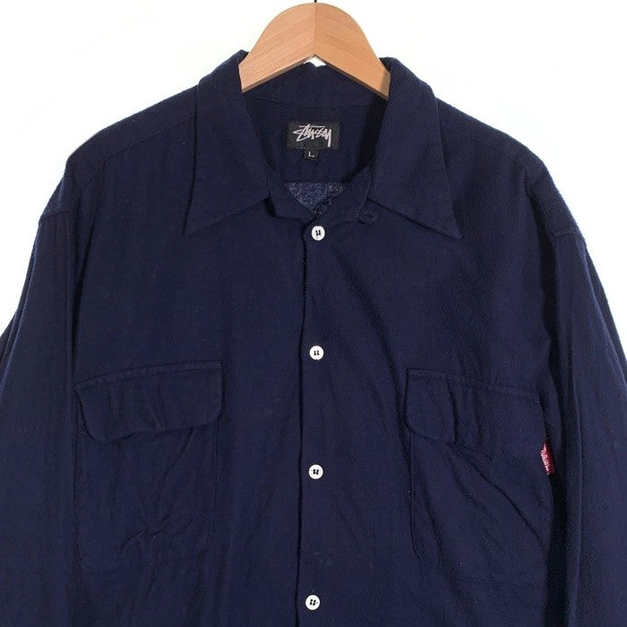80's STUSSY ステューシー コットン オープンカラーフランネルシャツ プレーン ネイビー USA製 黒タグ Size L 福生店