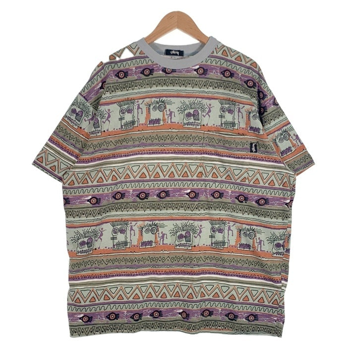 80's STUSSY ステューシー オーバープリント ボーダーポケットTシャツ 総柄 マルチ USA製 黒タグ Size L 福生店