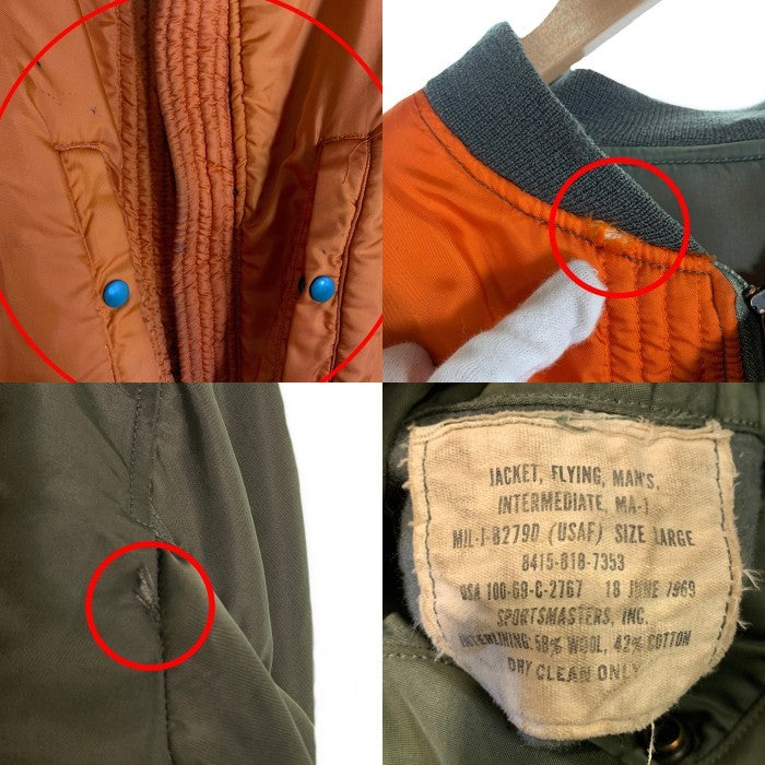 60`s U.S. ARMY 米空軍 SPORTS MASTERS スポーツマスター 縦ステッチ MA-1 ミリタリー フライトジャケット オリーブ 8415-818-7353 DSA-100-69-C-2767 Size L 福生店