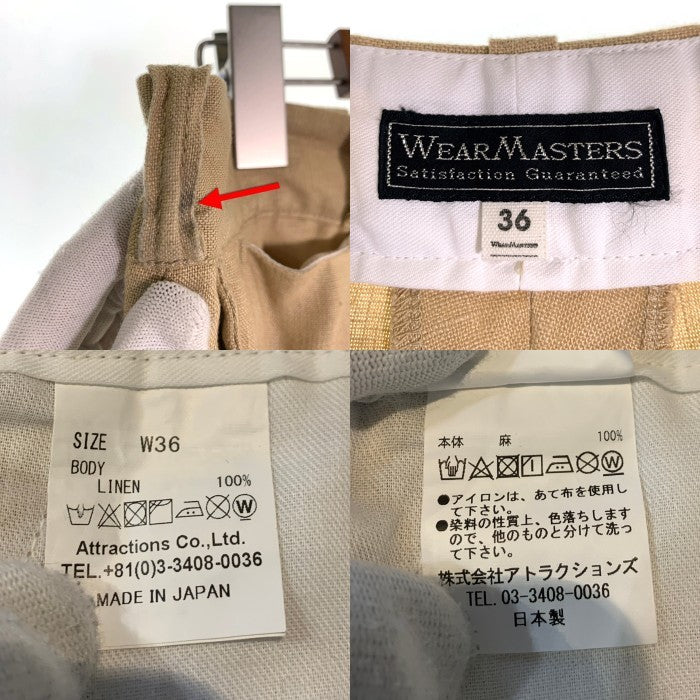 WEAR MASTERS ウエアマスターズ リネン トラウザー パンツ ベージュ アトラクションズ Size 36 福生店