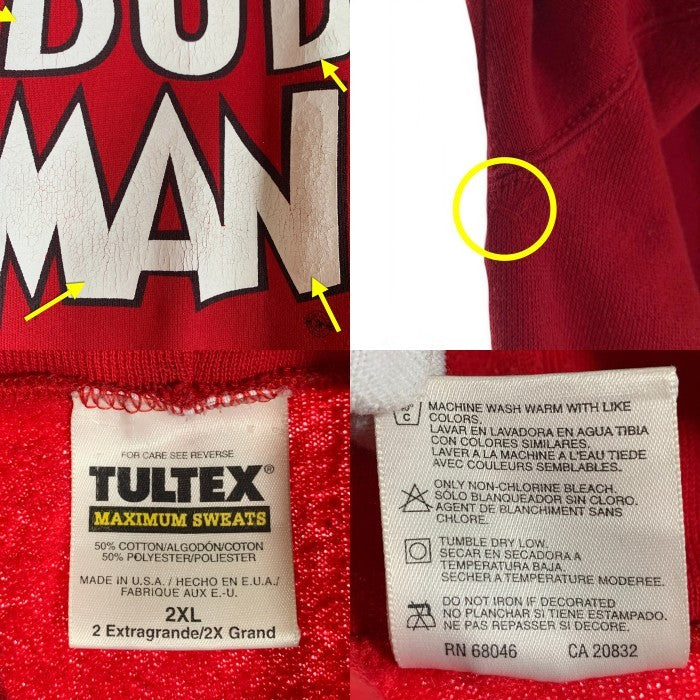 90`s Budweiser バドワイザー Budman バドマン プルオーバースウェットパーカー フーディ レッド TULTEX USA製 Size 2XL 福生店