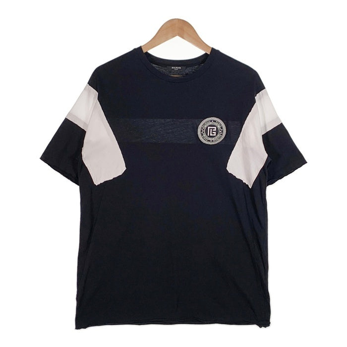 BALMAIN PARIS バルマン サークルワッペン ライン切替カットソー Tシャツ ブラック ホワイト Size XS 福生店